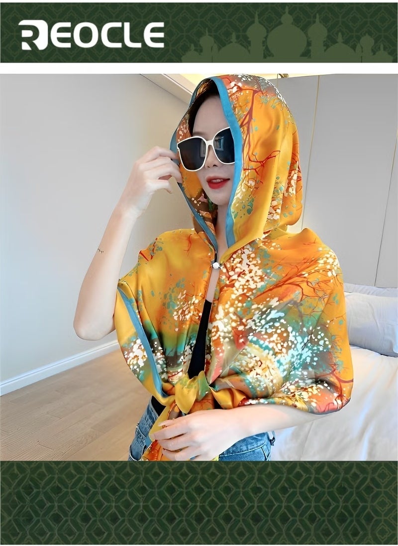 REOCLE Women's Hooded Cape Hooded Shawl Sun Hat Scarf with Magnetic Buckle & Fashion Print Sun Protection Shawl for Spring Autumn Summer - Image 1
