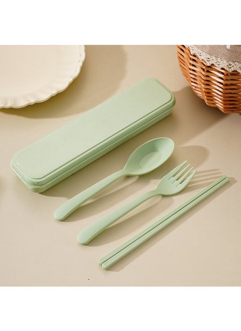 Portable Stainless Steel Wheat Straw Four-piece Cutlery Set Student Chopsticks Spoon Fork Box Set Meal Time Essentials-Specifications:Green Fork, Spoon And Chopsticks + Box
