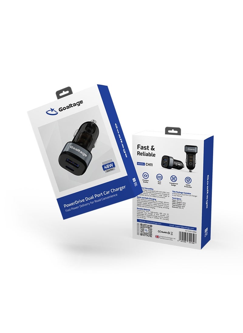CH11 PowerDrive 48W Car Charger with Safety Protection and Dual-Port Functionality