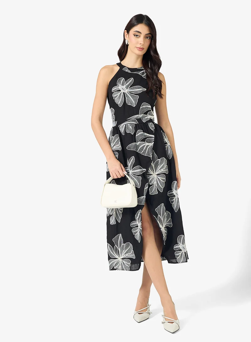 Floral Embroidered Detail Halter Neck Midi Dress