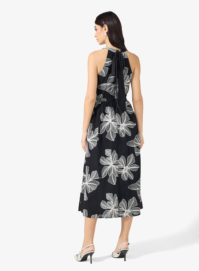 Just Me Floral Embroidered Detail Halter Neck Midi Dress - Image 2
