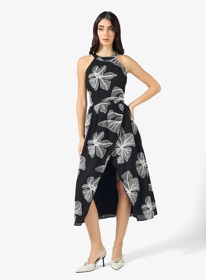 Just Me Floral Embroidered Detail Halter Neck Midi Dress - Image 4