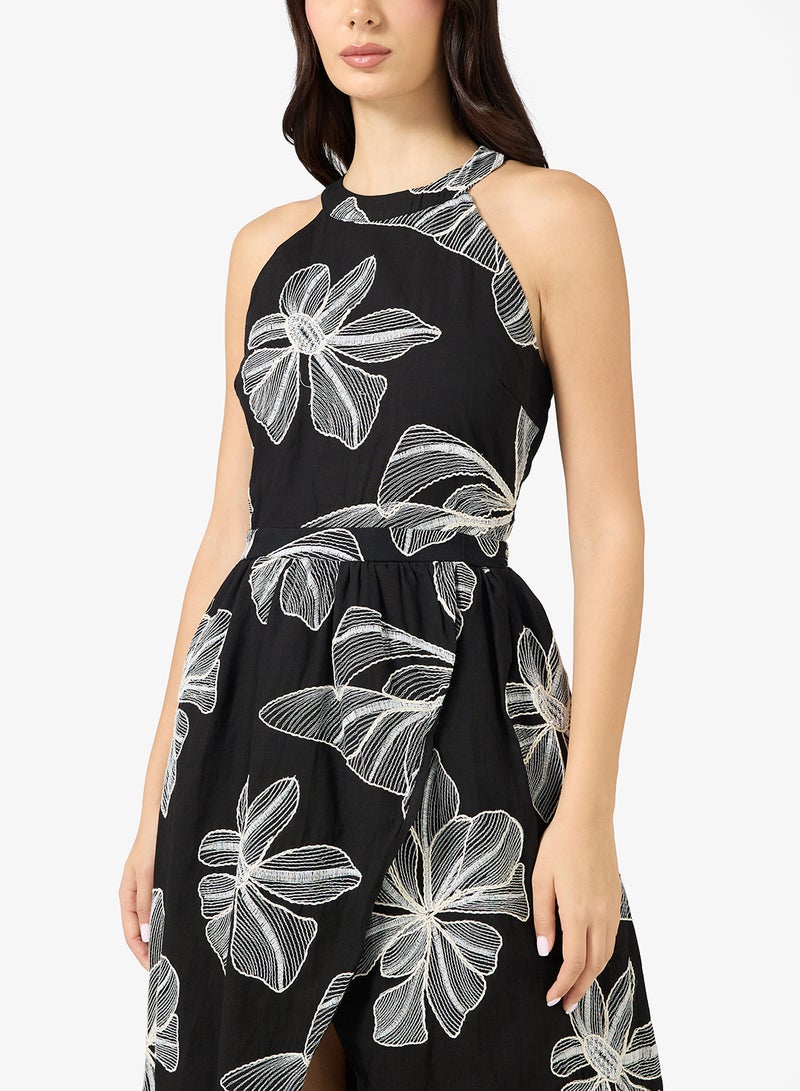 Just Me Floral Embroidered Detail Halter Neck Midi Dress - Image 3