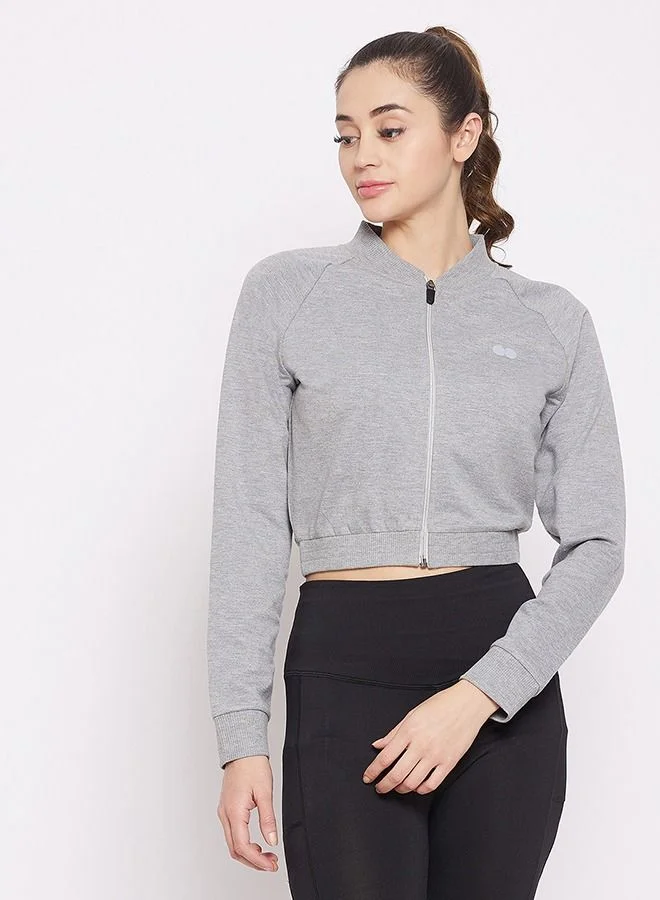 كلوفيا Clovia Comfort-Fit Active Crop Sweatshirt in Melange Grey with Reflective Logo