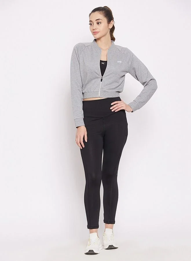 كلوفيا Clovia Comfort-Fit Active Crop Sweatshirt in Melange Grey with Reflective Logo
