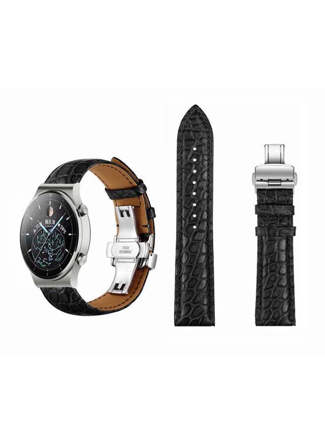 Generic Genuine Alligator Leather Replacement Band For Huawei Watch GT2 Pro Black/Silver  - Image 1