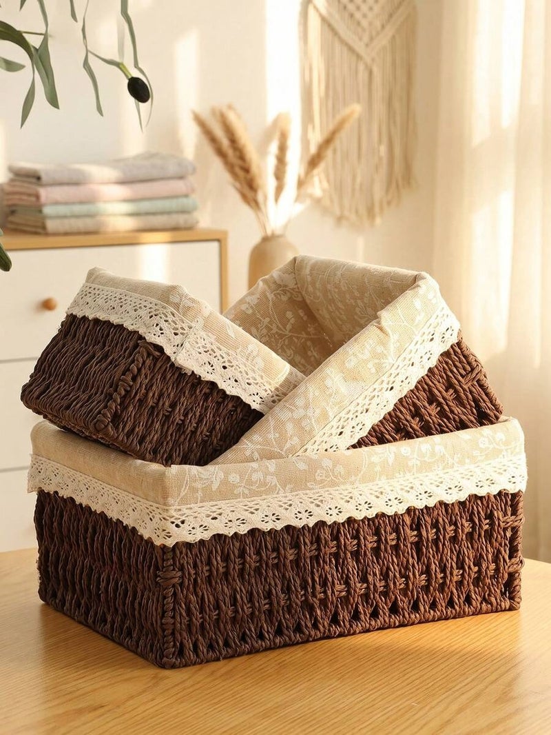 3-Piece Woven Storage Baskets Set (S/M/L) with Lids - Bohemian Style Desktop Organizer for Home & Office