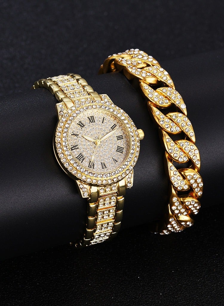 Luxury Gold Rhinestone Quartz Watch With Bracelet For Women, 2 Pieces Jewelry Gift Set for Women  - Image 1