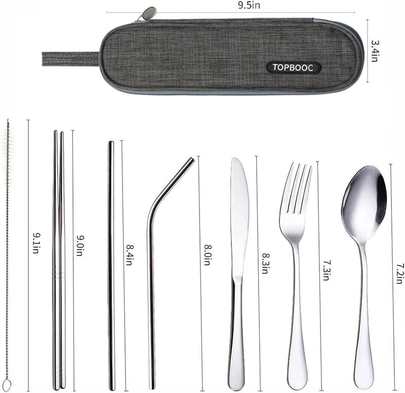 Topbooc Travel Stainless Steel Utensils Set with Case – 8-Piece Reusable Flatware Kit Includes Fork, Knife, Spoon, Chopsticks, Straws, Brush & Bag – Portable Cutlery for Camping, Work, Picnic (Silver) - Image 3