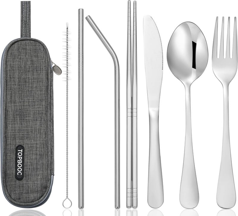 Topbooc Travel Stainless Steel Utensils Set with Case – 8-Piece Reusable Flatware Kit Includes Fork, Knife, Spoon, Chopsticks, Straws, Brush & Bag – Portable Cutlery for Camping, Work, Picnic (Silver) - Image 1