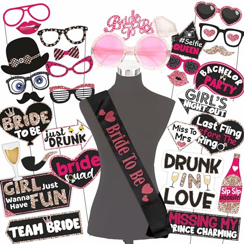 Wobbox Bachelorette Party Decoration Items| Bachelorette Party Photo Booth Props For Wedding Selfie, Bachelorette Satin Sash With Bride To Be Glasses, Bachelorette Party Decoration Kit-31 Pcs (FP3937) - Image 1