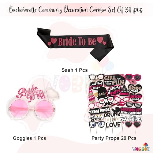 Wobbox Bachelorette Party Decoration Items| Bachelorette Party Photo Booth Props For Wedding Selfie, Bachelorette Satin Sash With Bride To Be Glasses, Bachelorette Party Decoration Kit-31 Pcs (FP3937) - Image 2