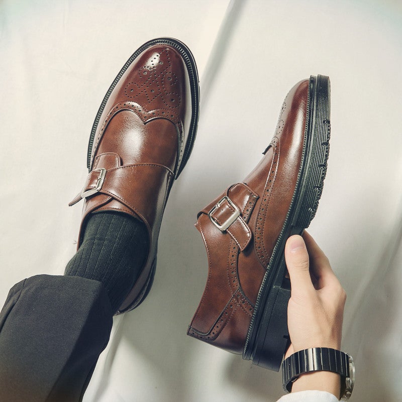 Leather Shoes Men'S Spring Buckle Blocky Carved Business Dress Groom Wedding Night Shop Stylist Heightening Fashioned Shoes - Image 3