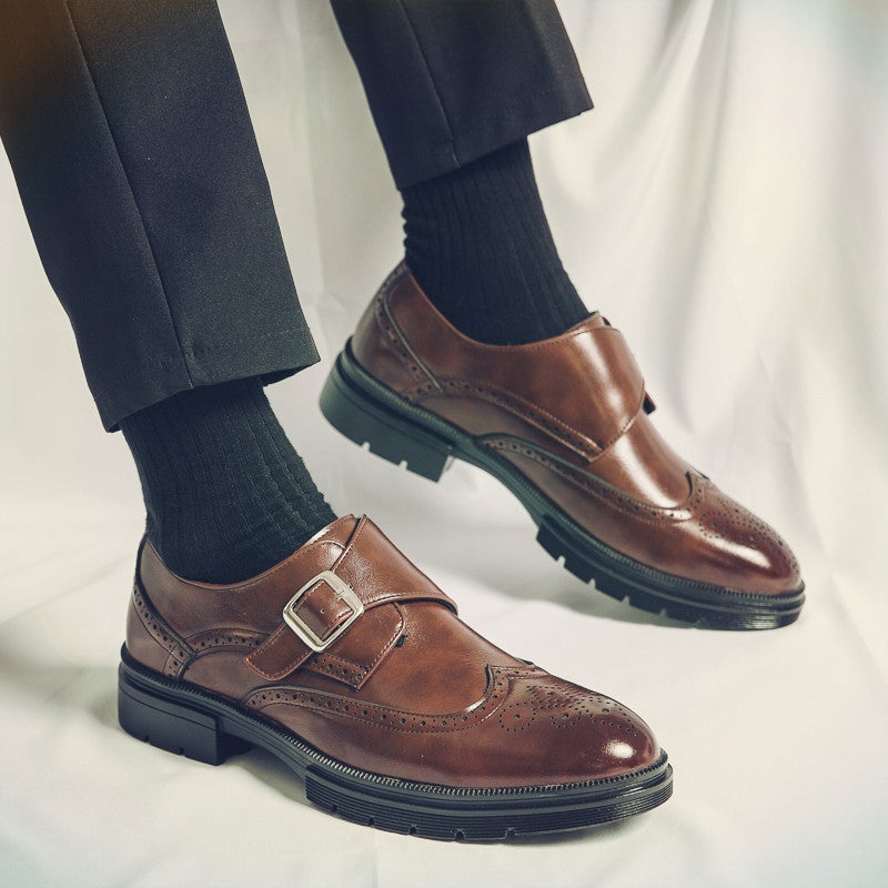 Leather Shoes Men'S Spring Buckle Blocky Carved Business Dress Groom Wedding Night Shop Stylist Heightening Fashioned Shoes - Image 5