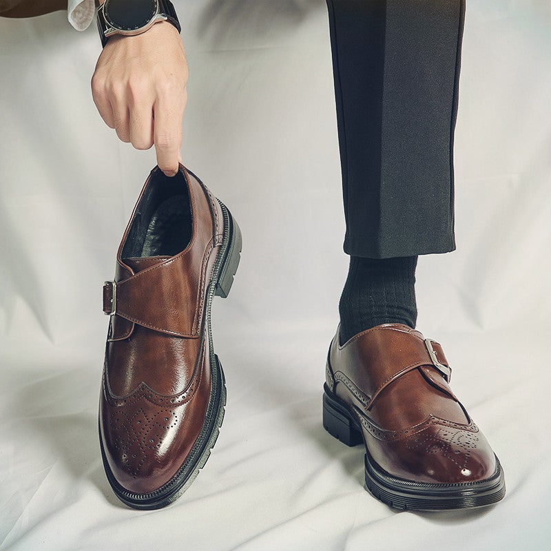 Leather Shoes Men'S Spring Buckle Blocky Carved Business Dress Groom Wedding Night Shop Stylist Heightening Fashioned Shoes - Image 2