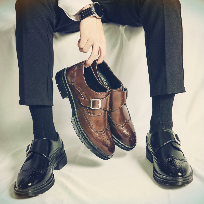 Leather Shoes Men'S Spring Buckle Blocky Carved Business Dress Groom Wedding Night Shop Stylist Heightening Fashioned Shoes - Image 4