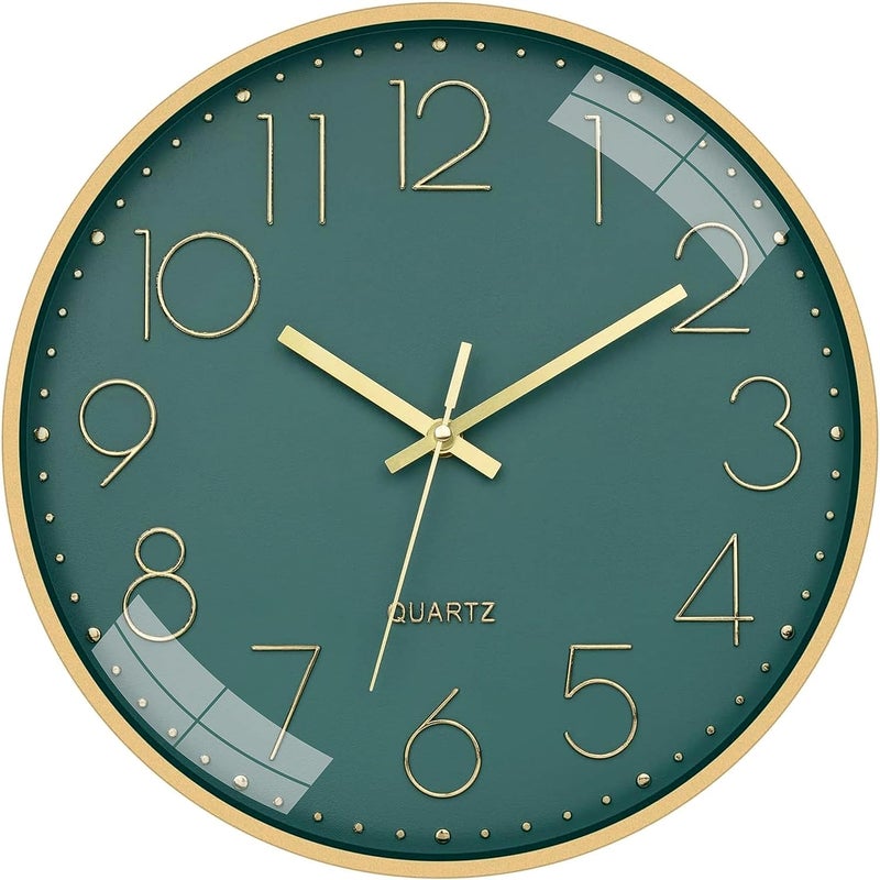 TEKCOOL Analogue Plastic Wall Clock 12" Silent Quartz Decorative Latest Wall Clock Non-Ticking Classic Clock Battery Operated Round Easy to Read for Home/Kitchen/Bedroom/Office/School - (Green Gold). - Image 1