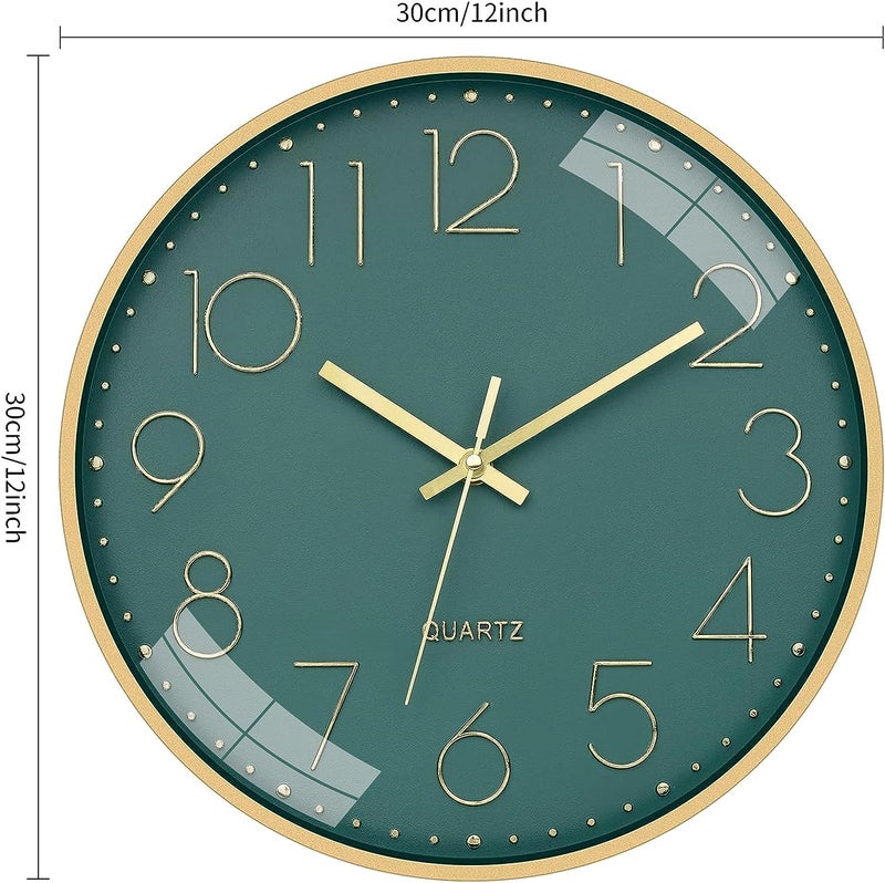TEKCOOL Analogue Plastic Wall Clock 12" Silent Quartz Decorative Latest Wall Clock Non-Ticking Classic Clock Battery Operated Round Easy to Read for Home/Kitchen/Bedroom/Office/School - (Green Gold). - Image 3