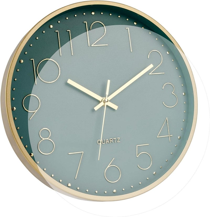 TEKCOOL Analogue Plastic Wall Clock 12" Silent Quartz Decorative Latest Wall Clock Non-Ticking Classic Clock Battery Operated Round Easy to Read for Home/Kitchen/Bedroom/Office/School - (Green Gold). - Image 2