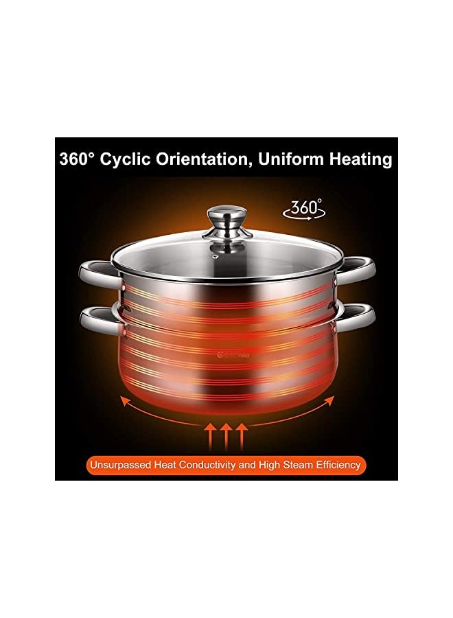 AMERTEER 2-Tier Stainless Steel Steamer, 7-Inch Multi-Layer Boiler Pot with Handles on Both Sides, Cookware Pot with Glass Lid, Work with Gas, Electric, Grill Stove Top, Dishwasher Safe - Image 2