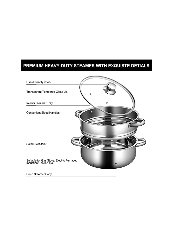 AMERTEER 2-Tier Stainless Steel Steamer, 7-Inch Multi-Layer Boiler Pot with Handles on Both Sides, Cookware Pot with Glass Lid, Work with Gas, Electric, Grill Stove Top, Dishwasher Safe - Image 4