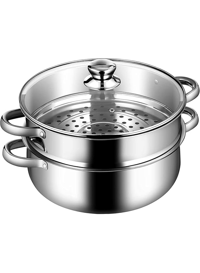 AMERTEER 2-Tier Stainless Steel Steamer, 7-Inch Multi-Layer Boiler Pot with Handles on Both Sides, Cookware Pot with Glass Lid, Work with Gas, Electric, Grill Stove Top, Dishwasher Safe - Image 1