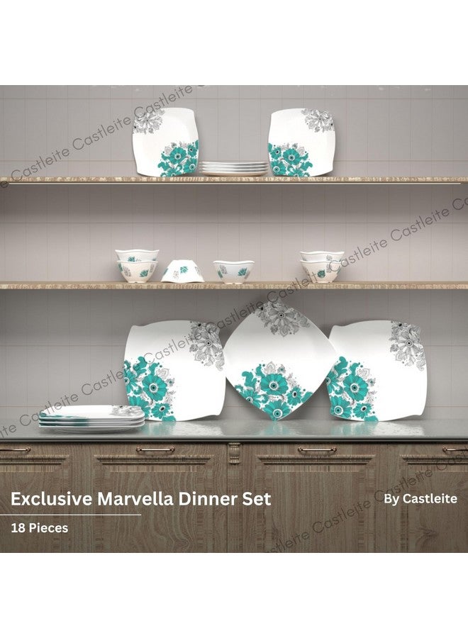 Castleite Marvella 18 Pieces Melamine Dinner Set - Elegant, Break & Stain Resistant, Designer Crockery Dinnerware in Exclusive Edgy Square Shape for Your own Home Kitchen or Gifting (Teal Blue) - Image 2