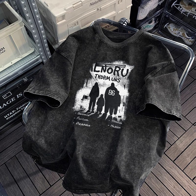 Hip-hop Style Washed Distressed Heavy-weight Short-sleeved T-shirt Men's and Women's Summer oversize Retro Fashion Brand Loose Lazy Sense - Image 3