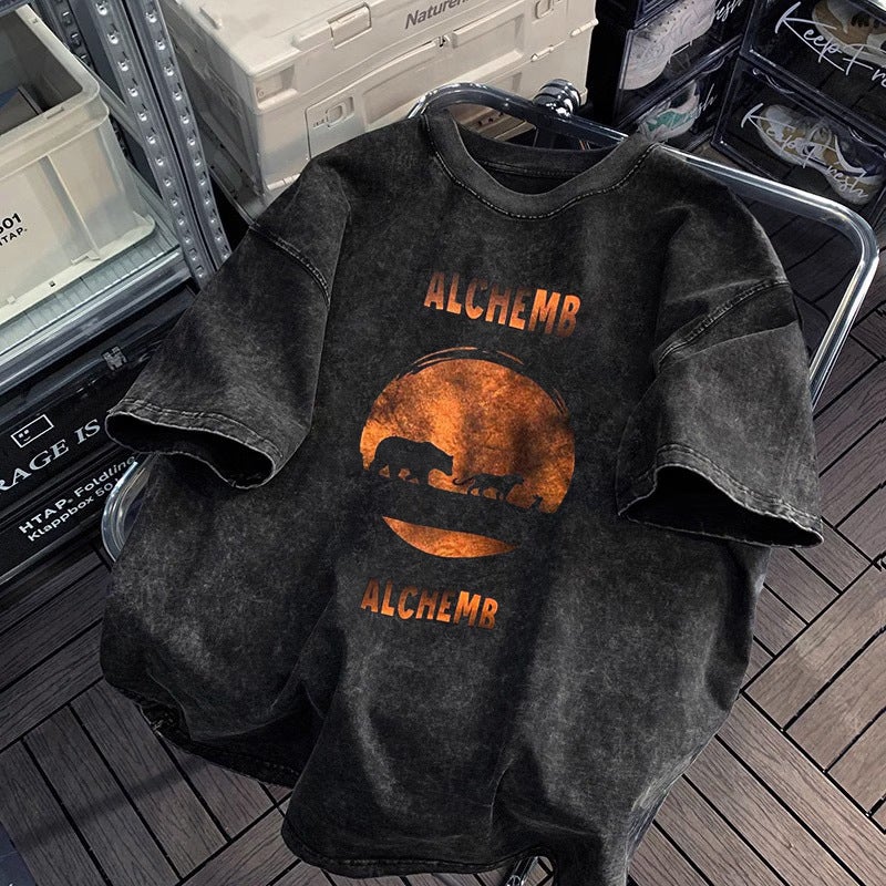 Hip-hop Style Washed Distressed Heavy-weight Short-sleeved T-shirt Men's and Women's Summer oversize Retro Fashion Brand Loose Lazy Sense - Image 1