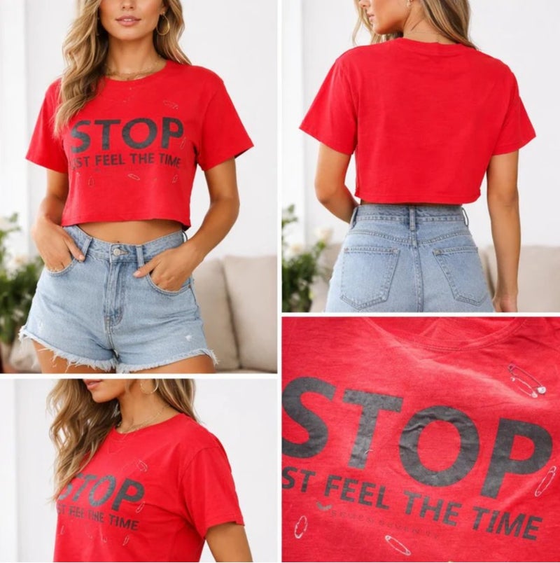 Women's Red Graphic Crop Top - Short Sleeve Crew Neck Cotton T-Shirt with "STOP" Lettering Print