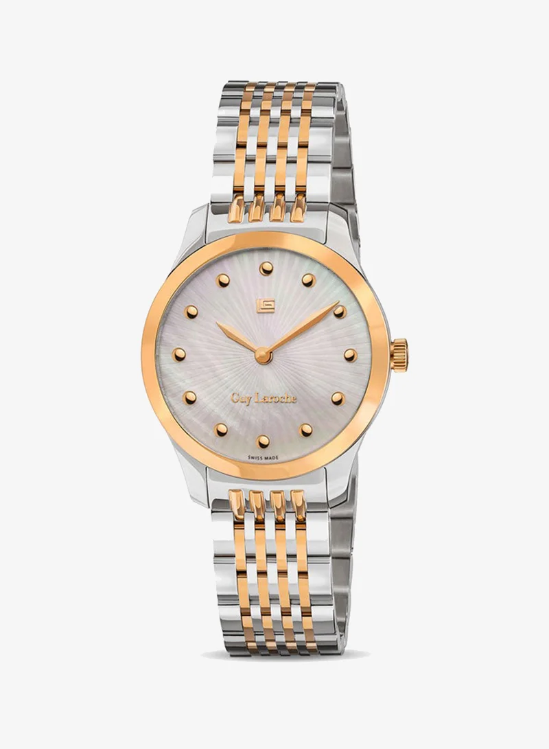 Guy Laroche Maxime 40mm Ladies Swiss Quartz Watch with White Mother-of-Pearl Fan Dial, Rose Gold & Silver-Plated Bracelet & Sapphire Glass