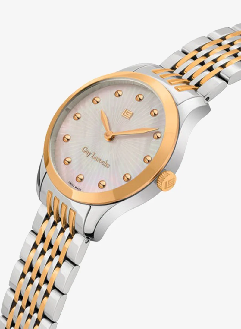 Guy Laroche Maxime 40mm Ladies Swiss Quartz Watch with White Mother-of-Pearl Fan Dial, Rose Gold & Silver-Plated Bracelet & Sapphire Glass