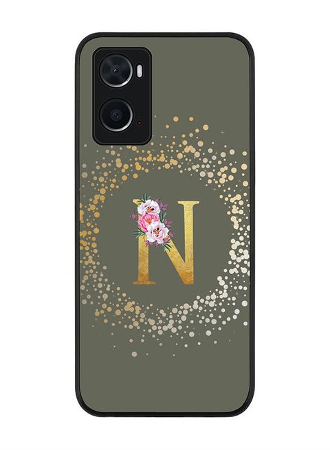 Rugged Black edge case for Oppo A96 4G/A36/A76 Slim fit Soft Case Flexible Rubber Edges Anti Drop TPU Gel Thin Cover - Custom Monogram Initial Letter Floral Pattern Alphabet - N (Olive Green )