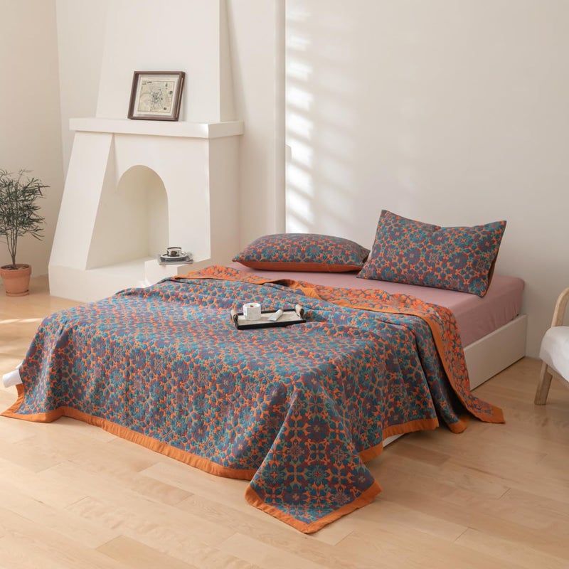 Purefair 100% Cotton Muslin Blanket Jacquard Bohomian Mandala Floral Print Quilt, Soft Bed Cover Reversible Bedspread Coverlet Breathable Lightweight Bedding Full/Queen(78"x94"), No Pillow Sham - Image 4