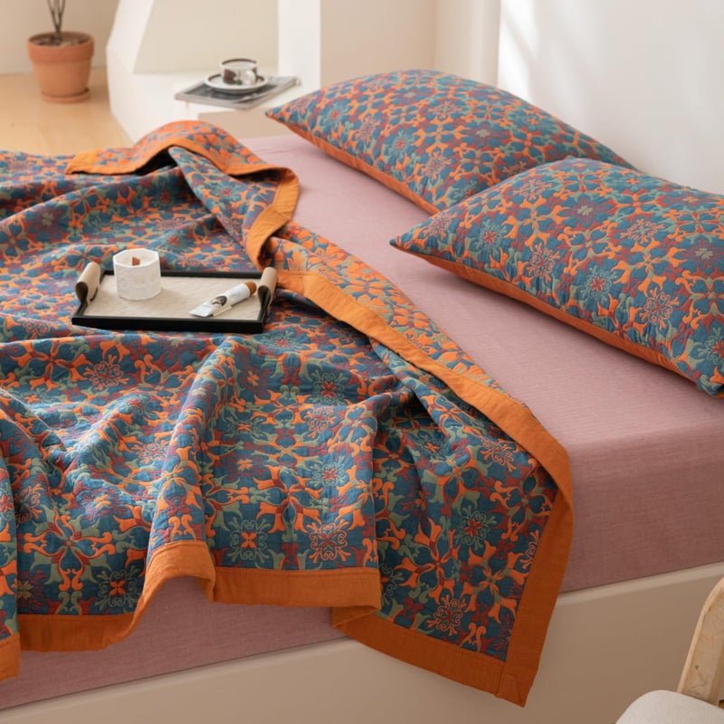Purefair 100% Cotton Muslin Blanket Jacquard Bohomian Mandala Floral Print Quilt, Soft Bed Cover Reversible Bedspread Coverlet Breathable Lightweight Bedding Full/Queen(78"x94"), No Pillow Sham - Image 3