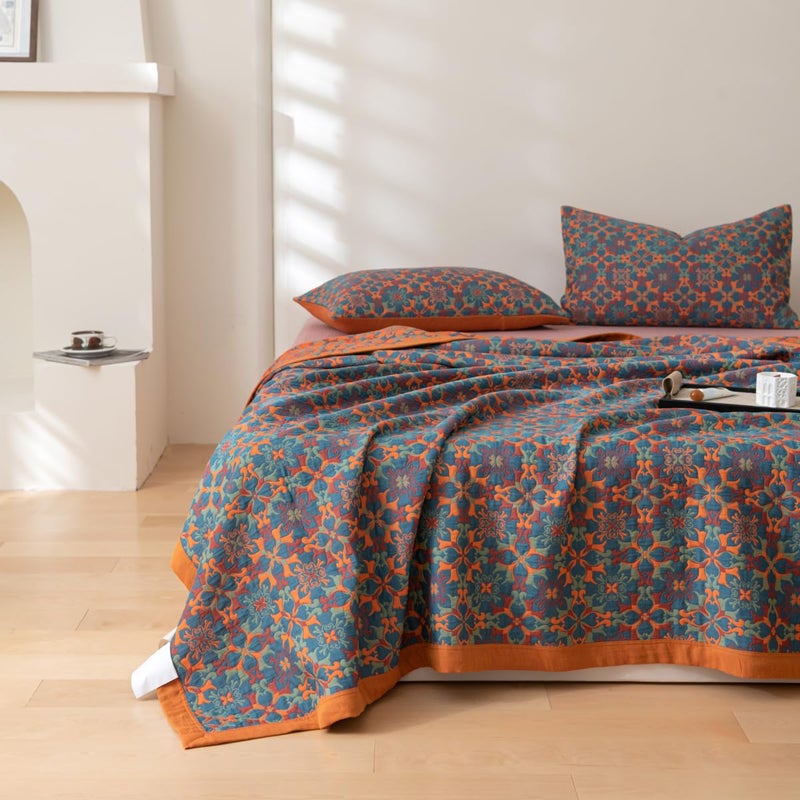 Purefair 100% Cotton Muslin Blanket Jacquard Bohomian Mandala Floral Print Quilt, Soft Bed Cover Reversible Bedspread Coverlet Breathable Lightweight Bedding Full/Queen(78"x94"), No Pillow Sham - Image 1