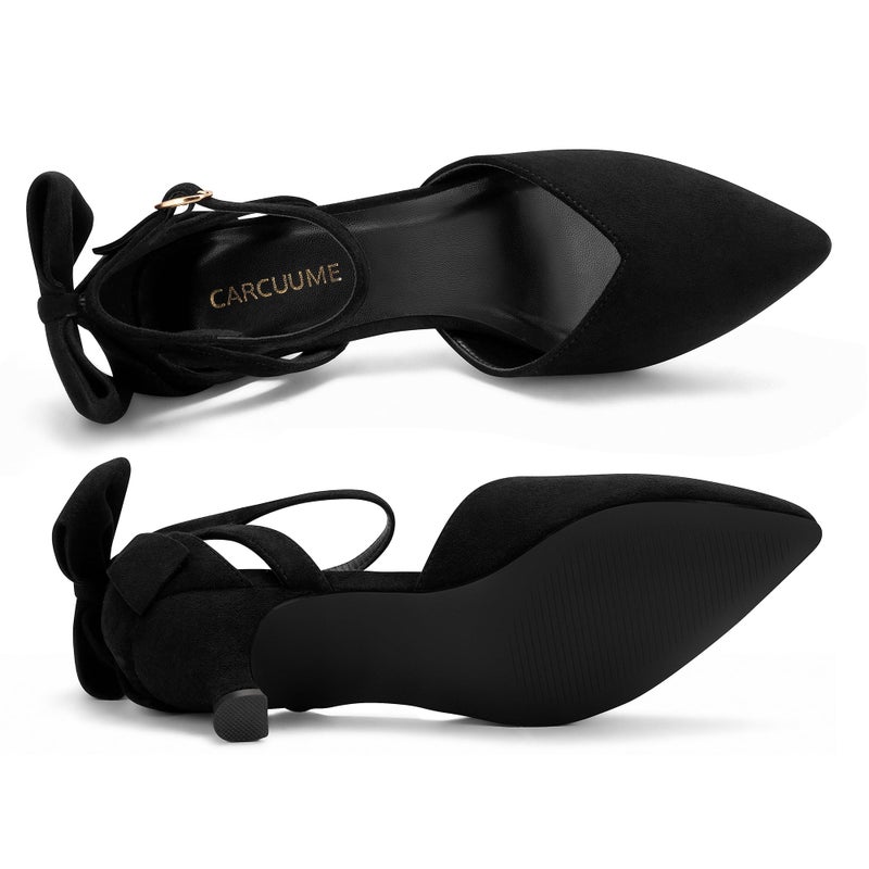 Carcuume Women's Kitten Heels with Bow Closed Toe Sandals Ankle Strap Wedding Pump Shoes, Beni-Black-8 - Image 5