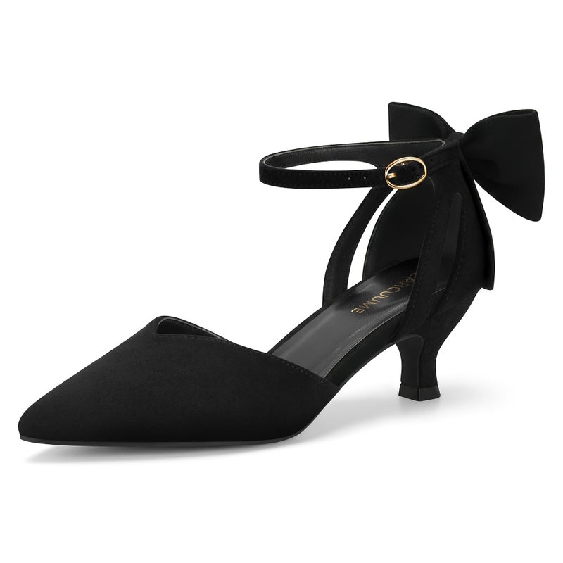 Carcuume Women's Kitten Heels with Bow Closed Toe Sandals Ankle Strap Wedding Pump Shoes, Beni-Black-8 - Image 1