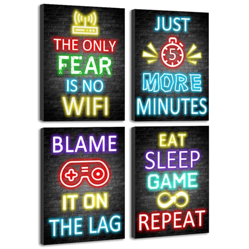 KUVIOKE Video Gamer Room Decor for Teen Boys Gaming Wall Art Gamer Neon Sign Teenage Bedroom Decor Ready to Hang Set of 4, 8x10in (Framed) - Image 1