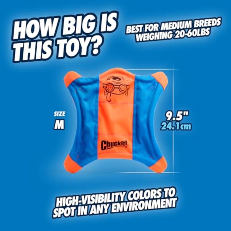 Chuckit! Flying Squirrel Fetch Dog Toy - Water Floating Flyer - Soft and Durable Polyester Canvas Construction - For Medium Dogs - Size Medium - 9.5-inch Diameter - Pack of 1 - Orange and Blue - Image 4