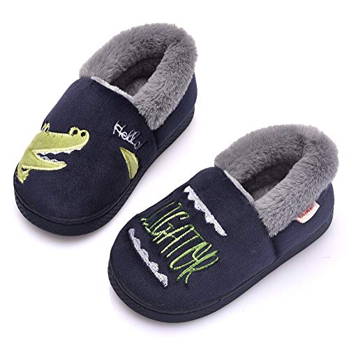 Ainikas Toddler Boys Girls Slippers Fluffy Little Kids House Slippers Warm Cute Animal Home Slipper, Dark Blue 3.5-4.5 Toddler - Image 1