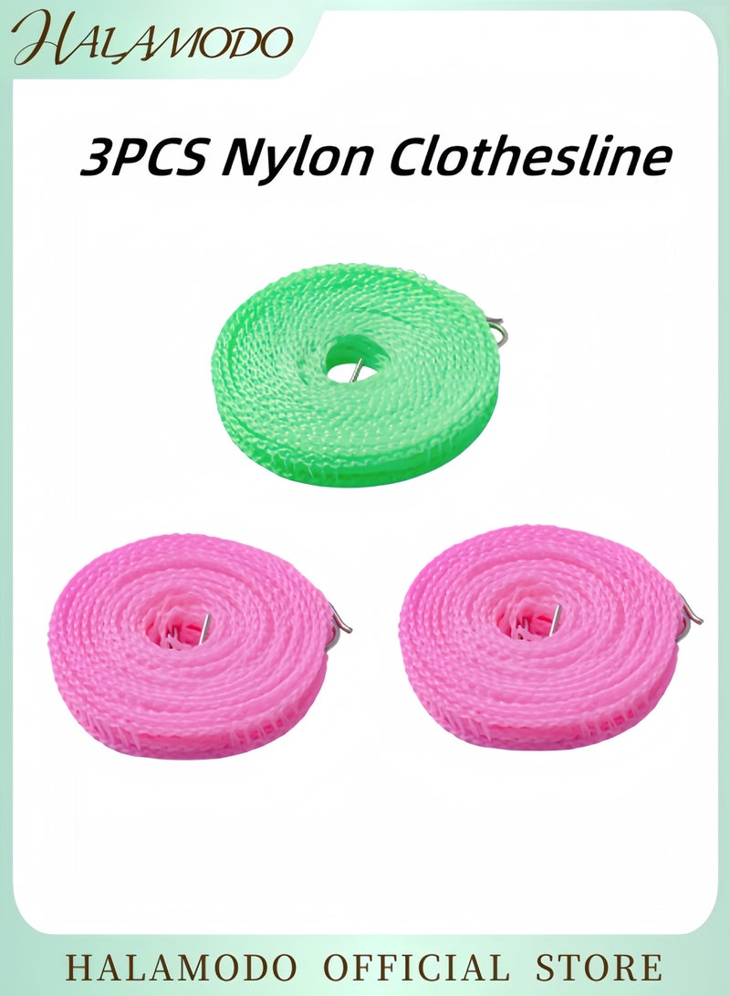 هالامودو حبل تجفيف الملابس النايلون 3 قطع من النايلون 16.4 قدم حبل تجفيف الملابس المقاوم للرياح حبل غسيل الملابس المحمول لحبل شماعات الغسيل للتخييم الداخلي في الهواء الطلق في المنزل - Image 1
