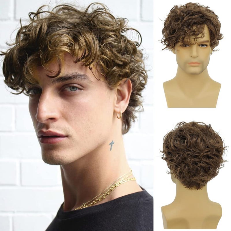 Short Brown Wigs for Men Curly Layered Natural Looking Side Part Hair Heat Resistant Synthetic Wigs with Wig Cap Brown