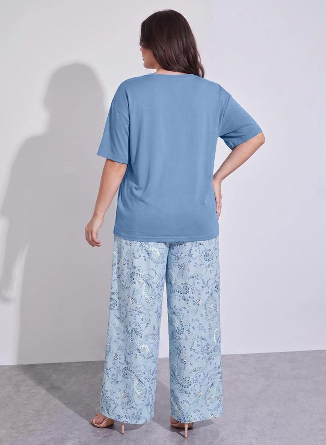 Styli Plus Size Multi-Color Solid T-Shirt and Printed Wide Leg Pants Pyjama Set - Image 5