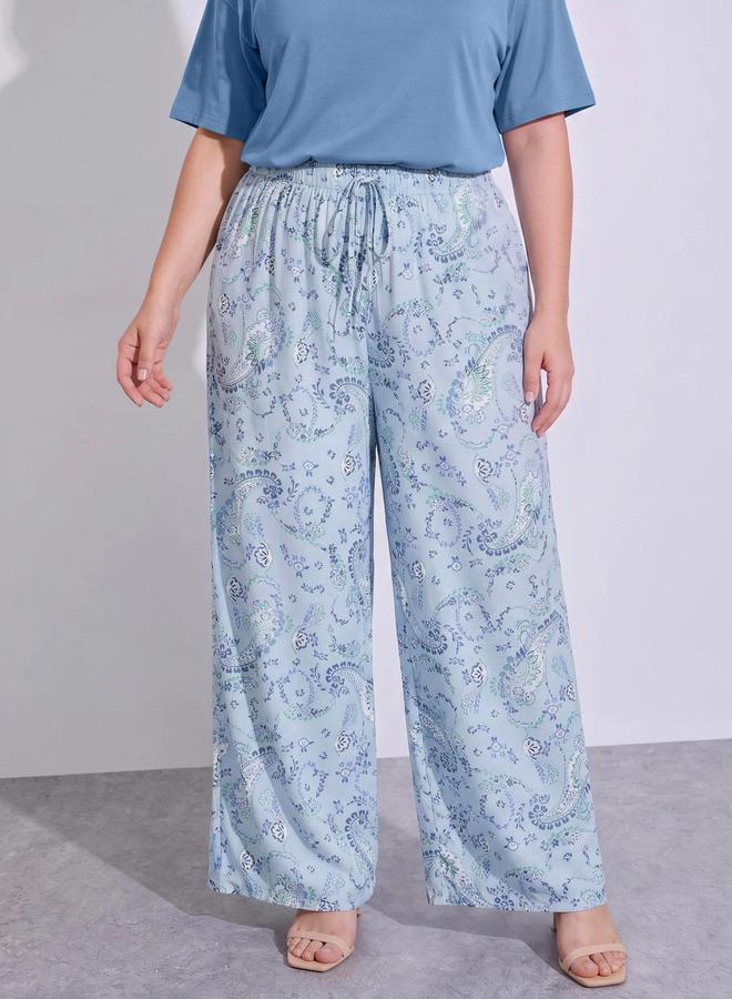 Styli Plus Size Multi-Color Solid T-Shirt and Printed Wide Leg Pants Pyjama Set - Image 4