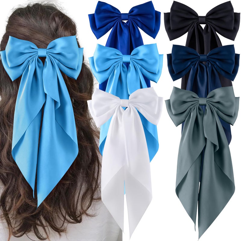 hisial 6Pcs Large Bows Hair Clips for Women Girls Long Tail Hair Ribbon Silky Satin Barrettes Coquette Bows Accessories (Black/Skyblue/White/Navyblue/Bluegrey/Royalblue) - Image 1