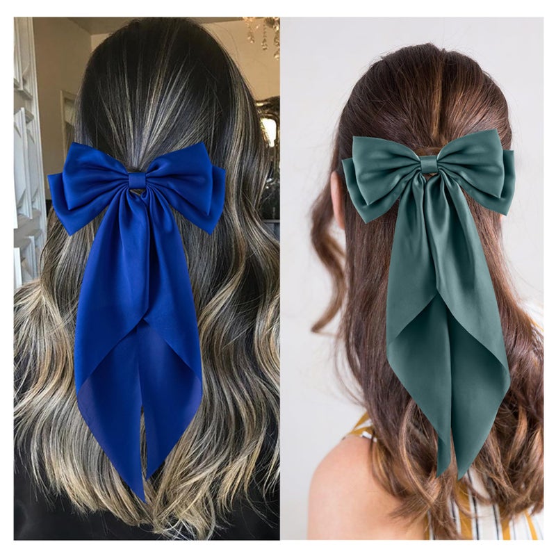 hisial 6Pcs Large Bows Hair Clips for Women Girls Long Tail Hair Ribbon Silky Satin Barrettes Coquette Bows Accessories (Black/Skyblue/White/Navyblue/Bluegrey/Royalblue) - Image 4