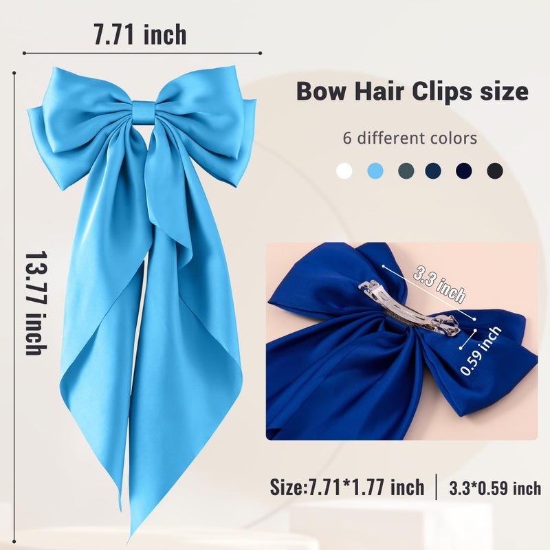 hisial 6Pcs Large Bows Hair Clips for Women Girls Long Tail Hair Ribbon Silky Satin Barrettes Coquette Bows Accessories (Black/Skyblue/White/Navyblue/Bluegrey/Royalblue) - Image 2