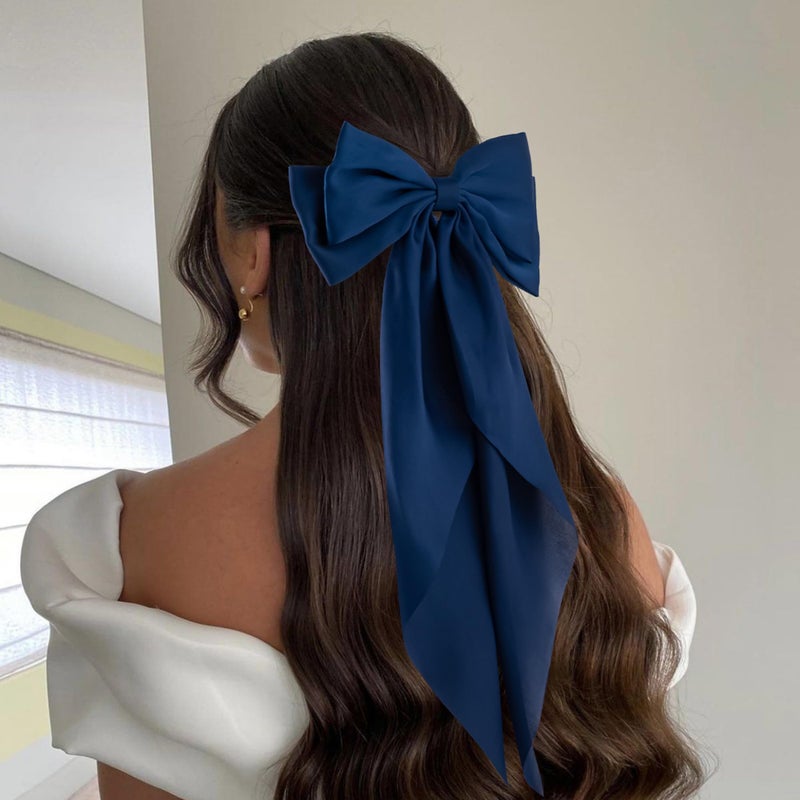 hisial 6Pcs Large Bows Hair Clips for Women Girls Long Tail Hair Ribbon Silky Satin Barrettes Coquette Bows Accessories (Black/Skyblue/White/Navyblue/Bluegrey/Royalblue) - Image 5