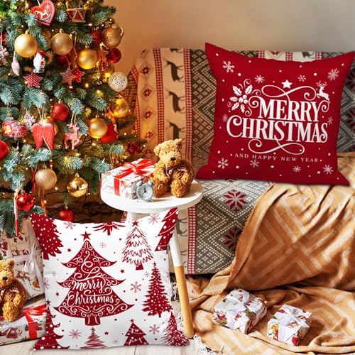 Lanpn White and Red 16x16 Christmas Pillow Covers Set of 4 Decorative 16 Inch Winter Snowflake Throw Pillow Case Xmas Cushion Cover for Indoor House Sofa Red - Image 3